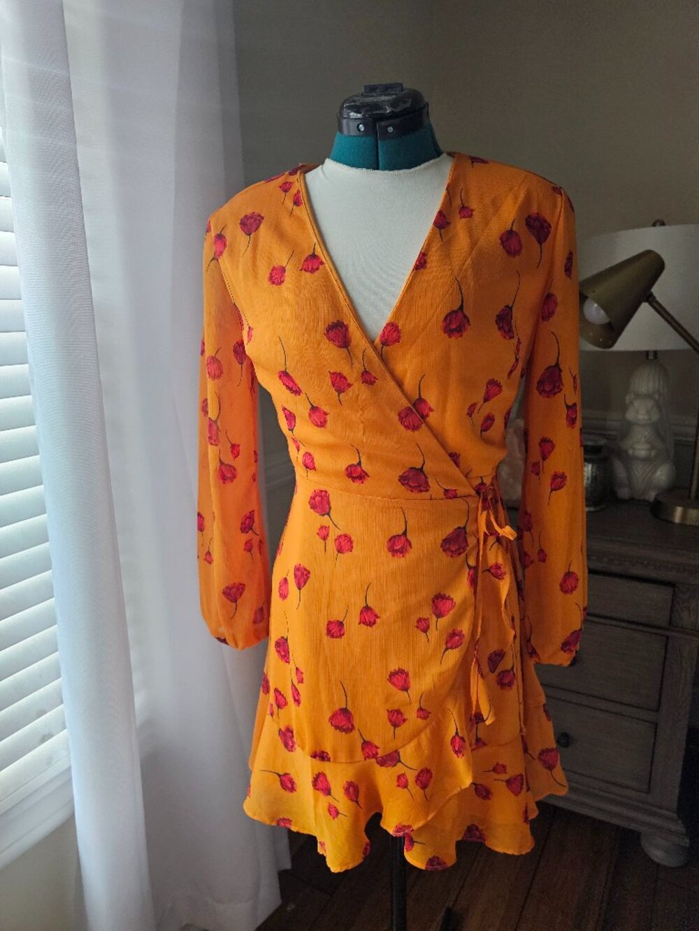 Lush orange wrap dress with red poppies